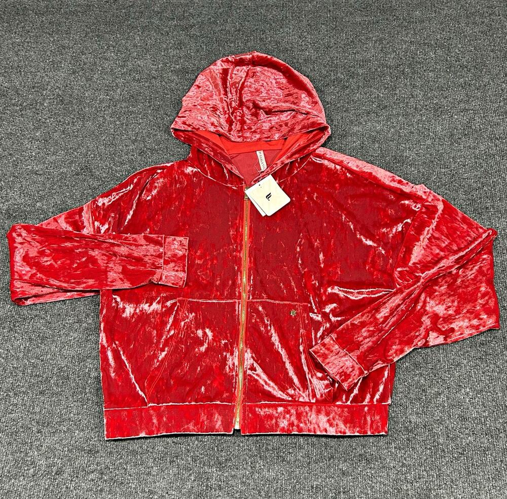 Fabletics Women’s XL Hoodie Red Velour Full Zip Hooded Long Sleeve Logo